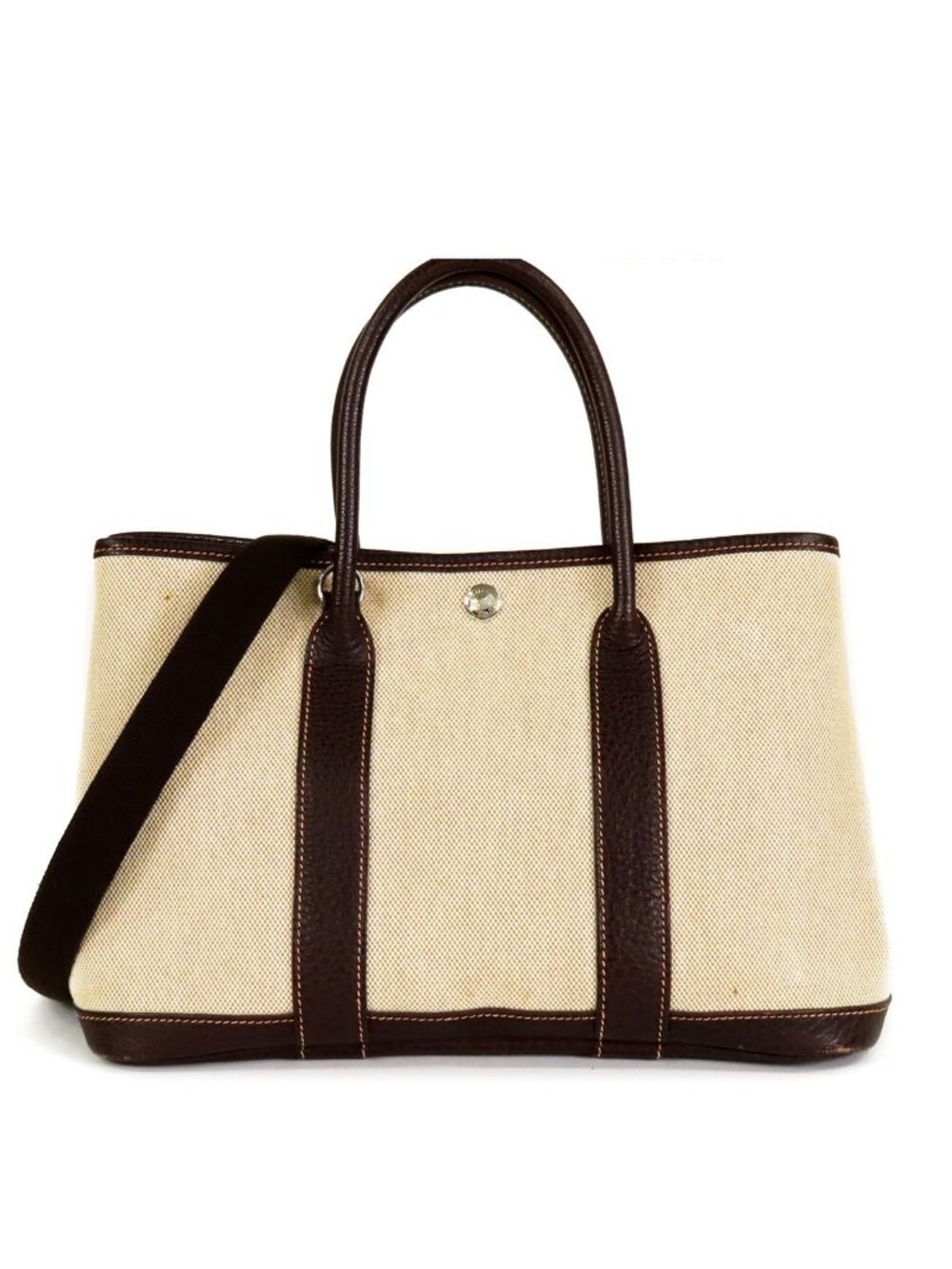 Hermes Garden Party TPM Brown Natural Silver Toile Buffalo 2-Way Tote Bag